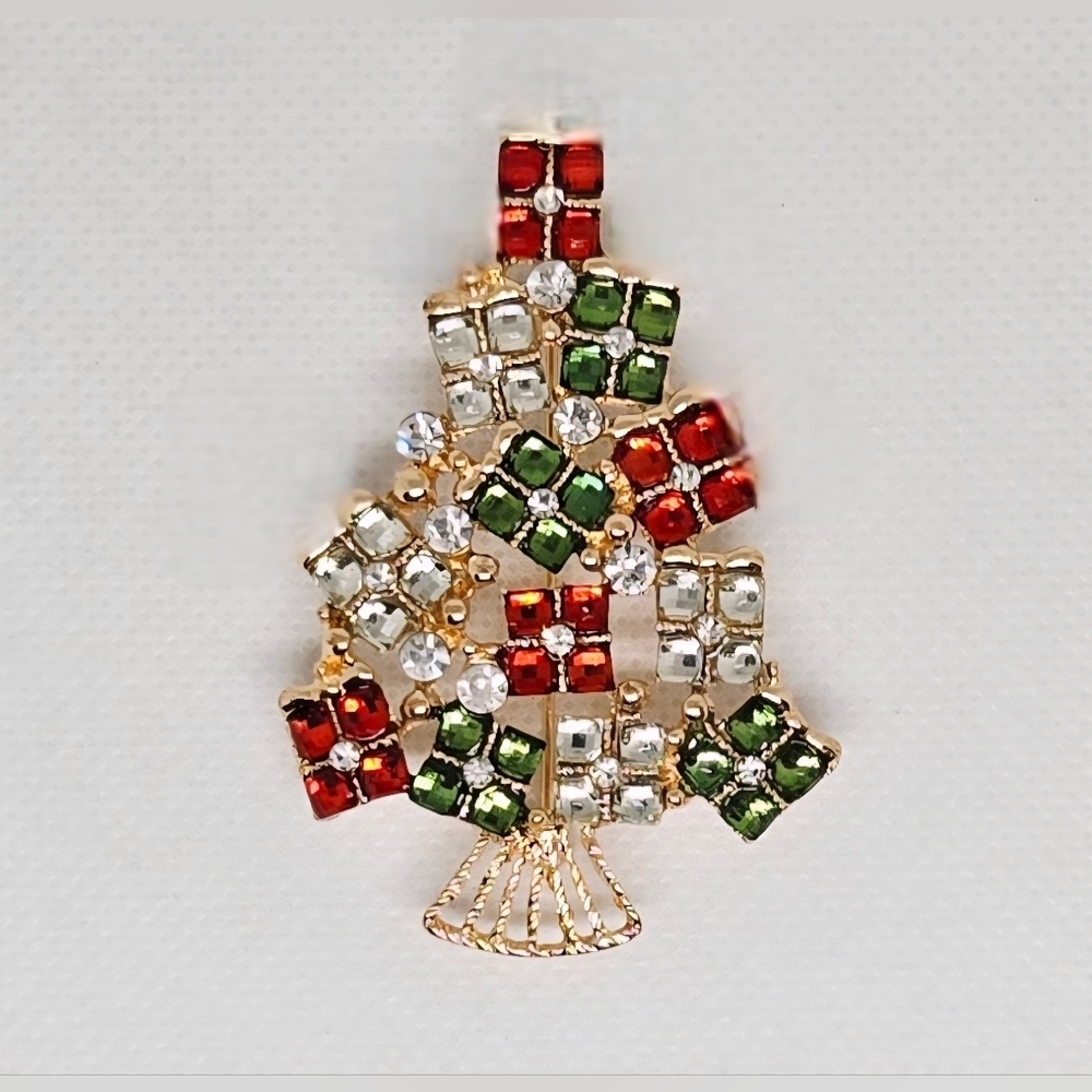Christmas Tree Brooch Red Green Clear Rhinestone Gold Tone Holiday Pin